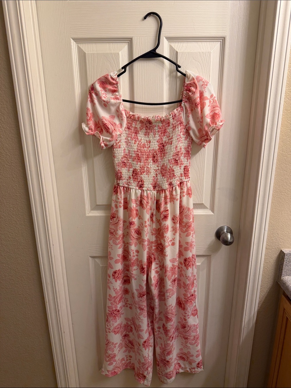 Arden B White and Pink Floral Smocked Jumpsuit